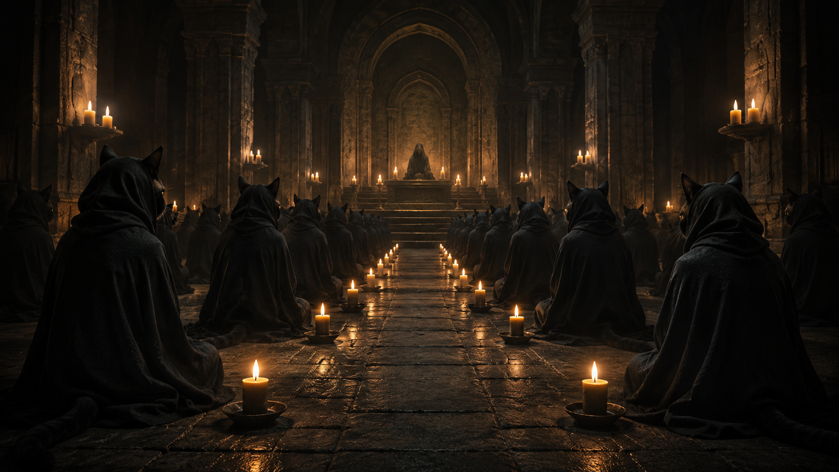Rows of hooded cats seated in a candlelit stone hall